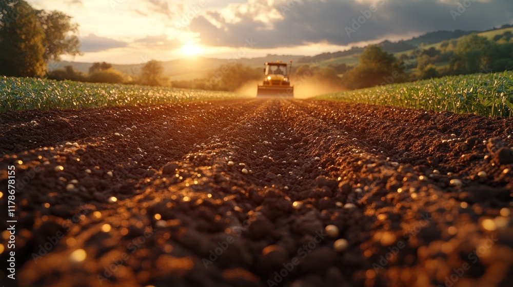 Tractor working in a field at sunset. Tractor working in a field at sunset.