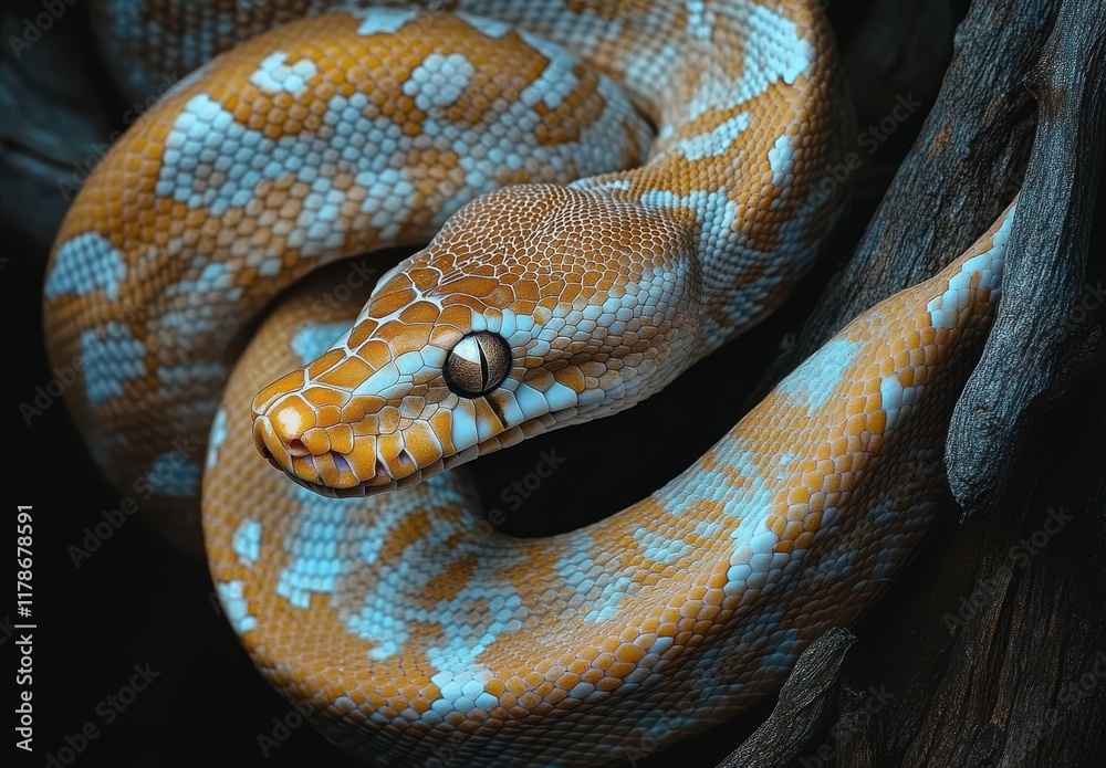 Close-Up of a Beautifully Patterned Python with Stunning Orange and Blue Scales Resting Among Dark Branches in a Natural Habitat Close-Up of a Beautifully Patterned Python with Stunning Orange and Blue Scales Resting Among Dark Branches in a Natural Habitat