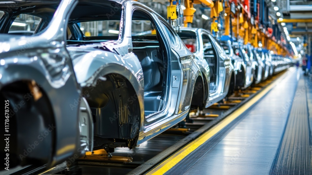 Assembly line with silver car frames in a manufacturing facility. Assembly line with silver car frames in a manufacturing facility.