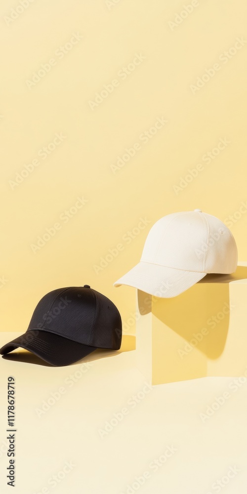 Minimalist Display of Black and White Caps on Pastel Background Minimalist Display of Black and White Caps on Pastel Background