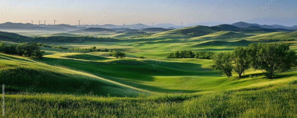 Obraz premium This breathtaking landscape showcases rolling green hills under a soft morning light, punctuated by gentle shadows and wind turbines in the distance, epitomizing tranquility and natural beauty.