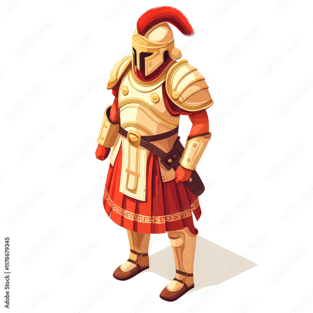Obraz premium Ancient Greek Warrior: Isometric Illustration of a Gladiator in Golden Armor, Red Robe, and Helmet. Epic Battle, Mythology, History, and Culture Depicted.
