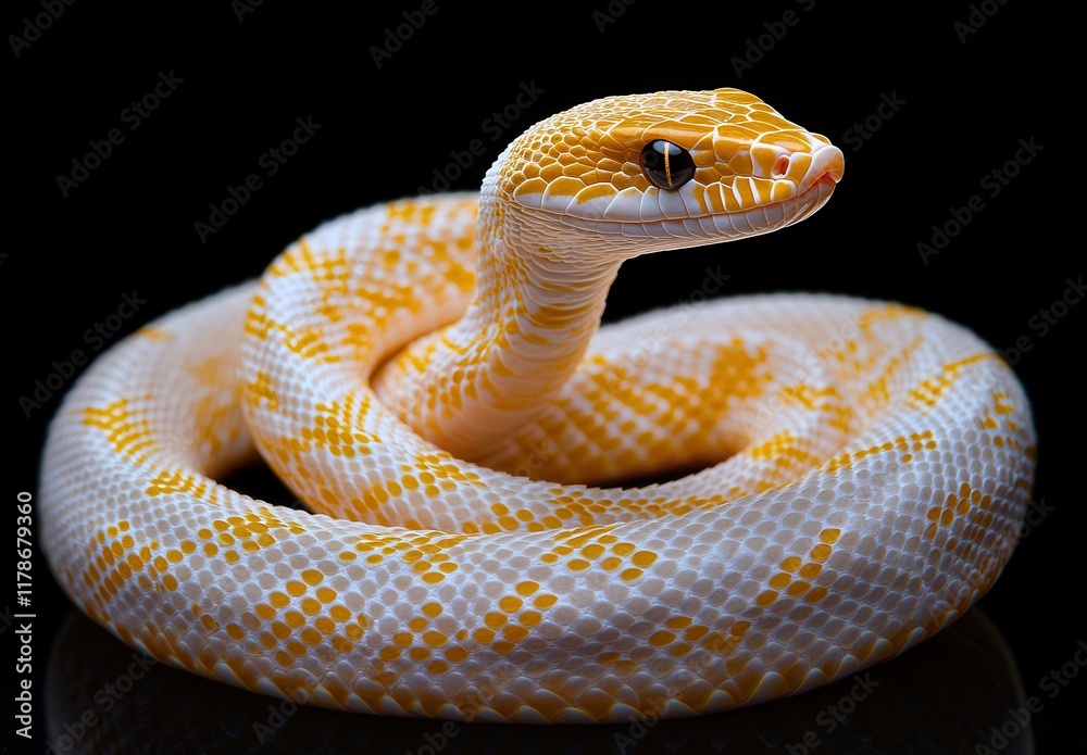 Fototapeta premium Close-Up of a Captivating Yellow and White Snake with Unique Patterns Set Against a Black Background Displaying Natural Beauty and Intricate Details