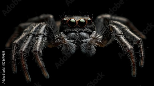 Macro Photography of a Striking Black Jumping Spider photo