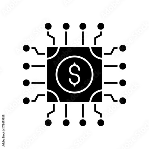 AI in fintech solid icon design. Implementation AI in finance sector. Dolar with chip circuit design