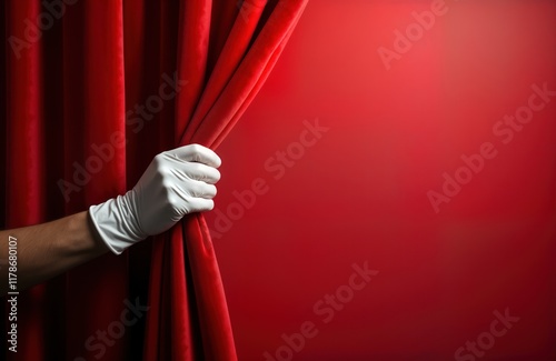 Hand in white glove pulls back luxurious red curtain. Grand reveal of new beginning event. Symbolic announcement launch. Elegant scene. Exciting anticipation, mystery. Formal ceremony premiere.