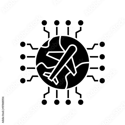 AI in travel solid icon design. Implementation AI in travel sector. Plane with globe and  circuits design.