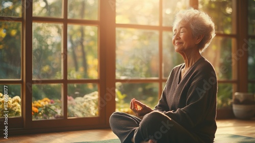 Peaceful Meditation of Elderly Asian Woman in Sunlit Room photo