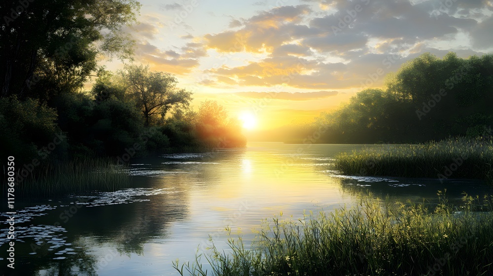 Serene river landscape at sunrise with lush greenery. Serene river landscape at sunrise with lush greenery.