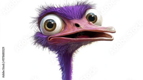 Cute purple cartoon ostrich with big eyes and surprised expression. photo