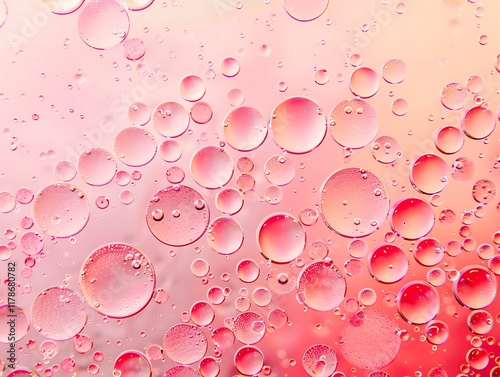 Bubbles in pastel pink and red on a water surface, abstract oil texture, soft gradient, flat lay view. photo