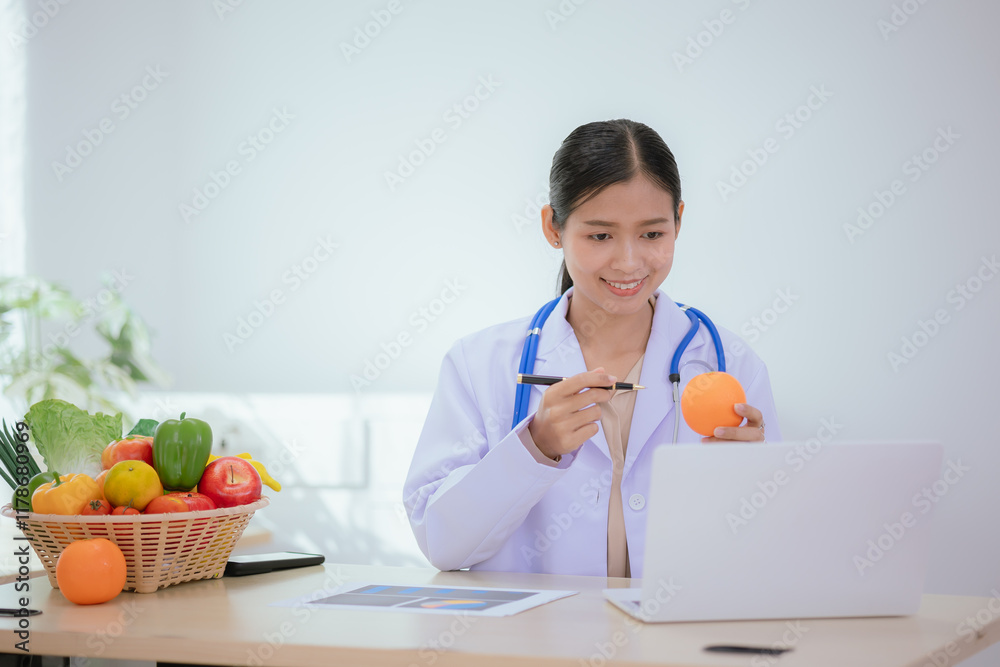 A dietitian or nutrition specialist in a doctor's office, wearing a lab coat, provides attentive counseling to patients, discussing weight control, diet, and digestive health. A dietitian or nutrition specialist in a doctor's office, wearing a lab coat, provides attentive counseling to patients, discussing weight control, diet, and digestive health.