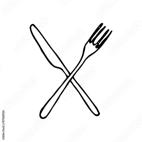 crossed fork and table knife - a linear drawing