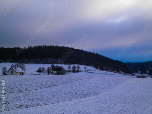 Winter over Kashubian hills, Wiezyca, Poland. photo