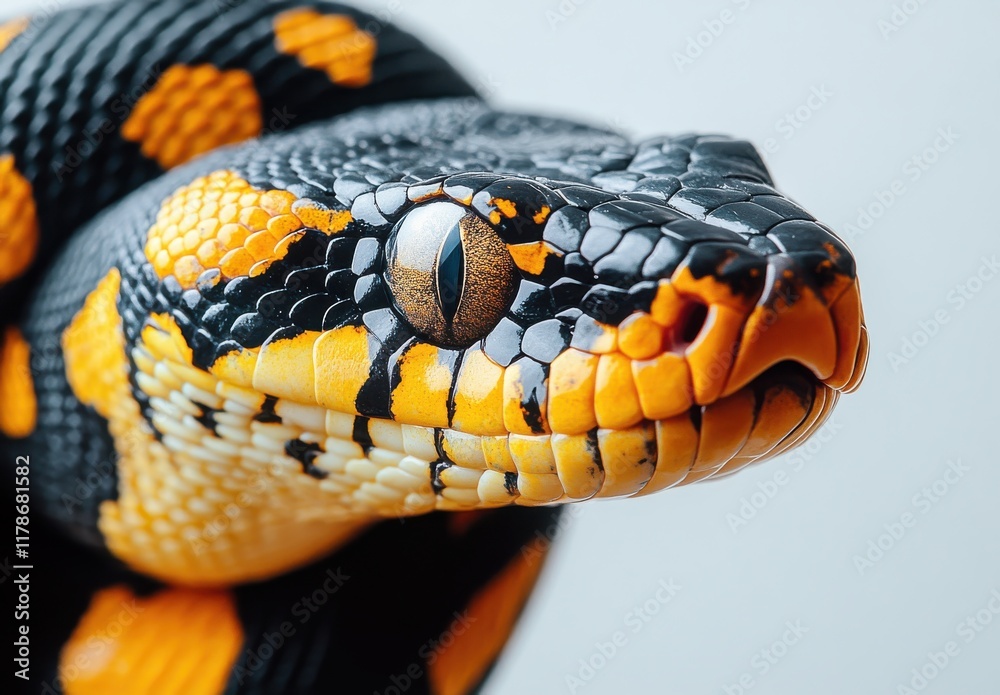 Fototapeta premium Close-Up of a Magnificent Black and Orange Snake Showcasing Intricate Scales and Texture Against a Soft Background for Nature Lovers and Wildlife Enthusiasts