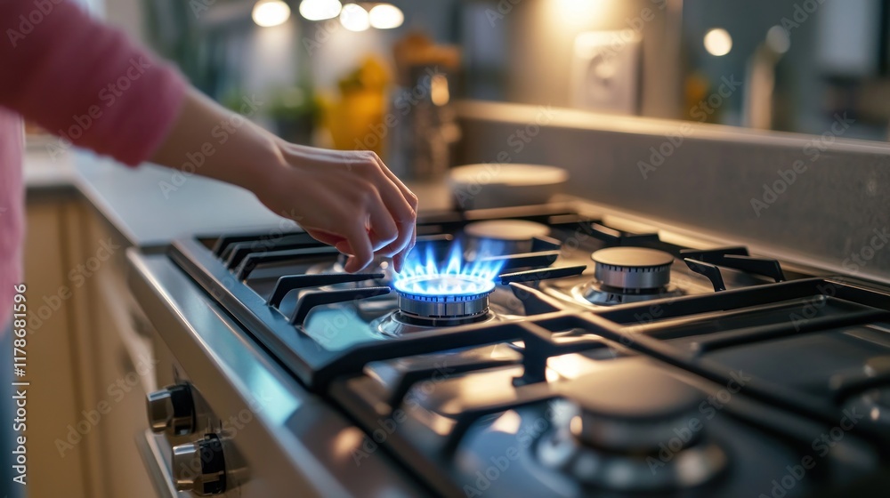 Naklejka premium Lighting the Gas Stove: A Modern Kitchen Scene