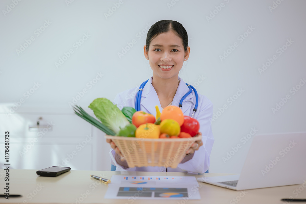 A dietitian or nutrition specialist in a doctor's office, wearing a lab coat, provides attentive counseling to patients, discussing weight control, diet, and digestive health. A dietitian or nutrition specialist in a doctor's office, wearing a lab coat, provides attentive counseling to patients, discussing weight control, diet, and digestive health.