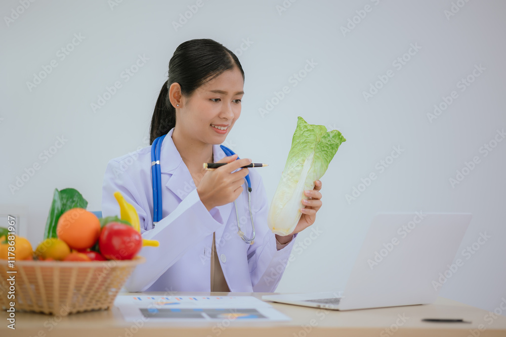 A dietitian or nutrition specialist in a doctor's office, wearing a lab coat, provides attentive counseling to patients, discussing weight control, diet, and digestive health. A dietitian or nutrition specialist in a doctor's office, wearing a lab coat, provides attentive counseling to patients, discussing weight control, diet, and digestive health.