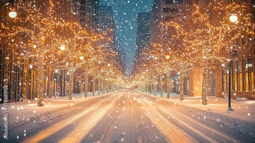 Snow falls softly on a city street lined with bright Christmas trees, creating an abstract, blurred light effect that gives a magical feel to the scene