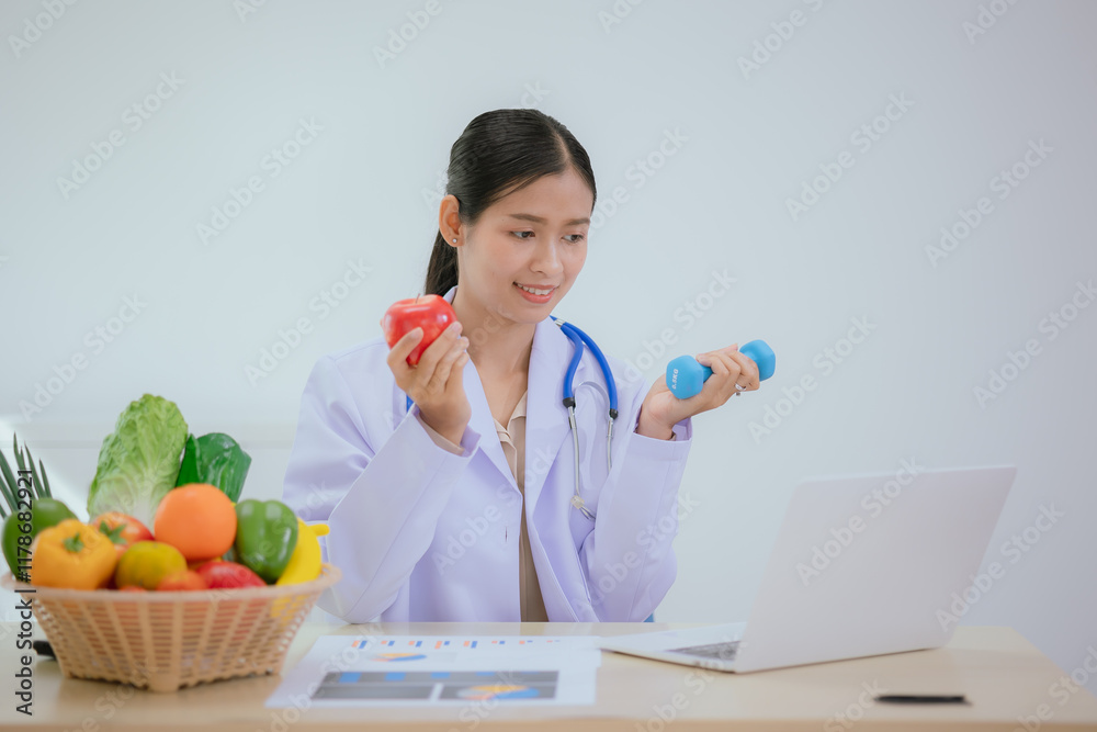 A female nutritionist holds a stethoscope to examine her health. She smiles and promotes healthy eating, organic living, wellness, and balanced nutrition. A female nutritionist holds a stethoscope to examine her health. She smiles and promotes healthy eating, organic living, wellness, and balanced nutrition.