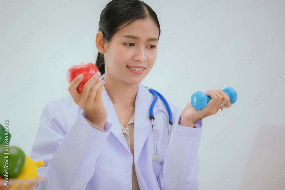 A female nutritionist holds a stethoscope to examine her health. She smiles and promotes healthy eating, organic living, wellness, and balanced nutrition.