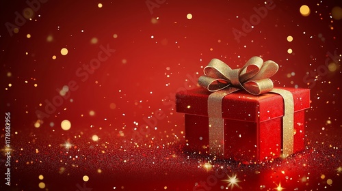 A glamorous red gift box with a golden bow, placed in the center of a rich red gradient background, surrounded by glowing effects, ample space for text, festive and refined composition.