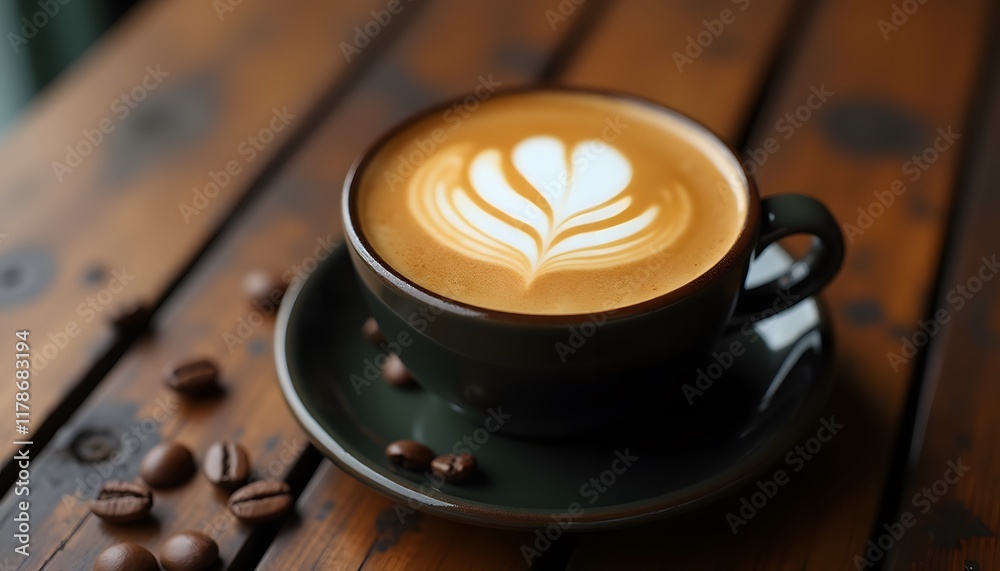 Aromatic Latte Coffee with Leaf Art in Dark Cup on Rustic Wood Aromatic Latte Coffee with Leaf Art in Dark Cup on Rustic Wood