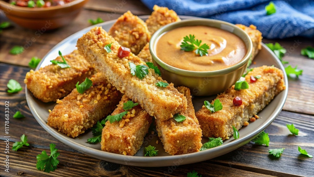 Crispy panko breaded tofu sticks served with creamy peanut butter sauce for a tasty dip.