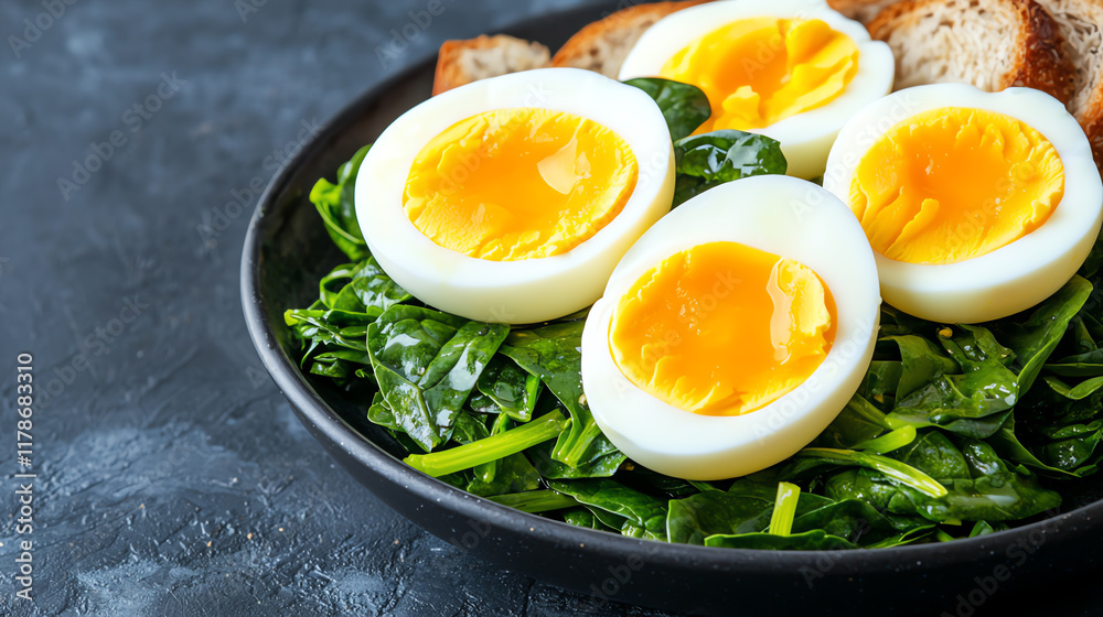 Soft boiled eggs served with plain steamed spinach, proteinrich and mild Soft boiled eggs served with plain steamed spinach, proteinrich and mild