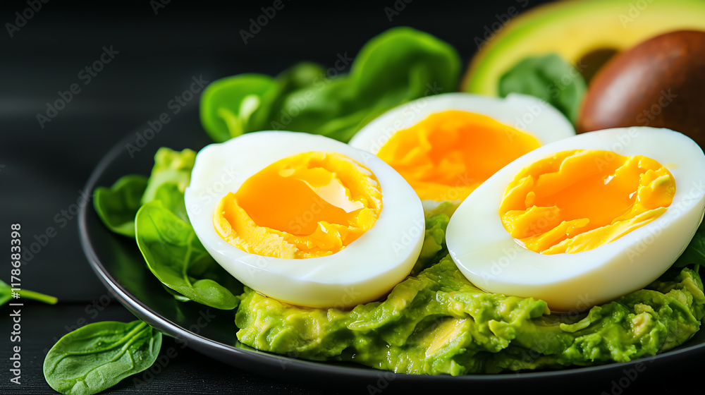 Soft boiled eggs served with a side of mashed avocados, creamy and nutrientrich Soft boiled eggs served with a side of mashed avocados, creamy and nutrientrich