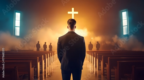 Silhouette of a Christian person standing in a church facing a large illuminated cross and stained glass windows symbolic of faith worship and spiritual contemplation photo