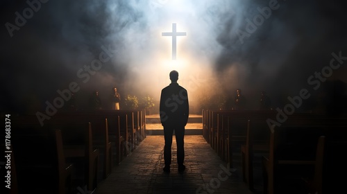 Solitary figure standing in the dimly lit sanctuary of a church with a glowing cross and ethereal lighting casting an air of mystery and spiritual contemplation