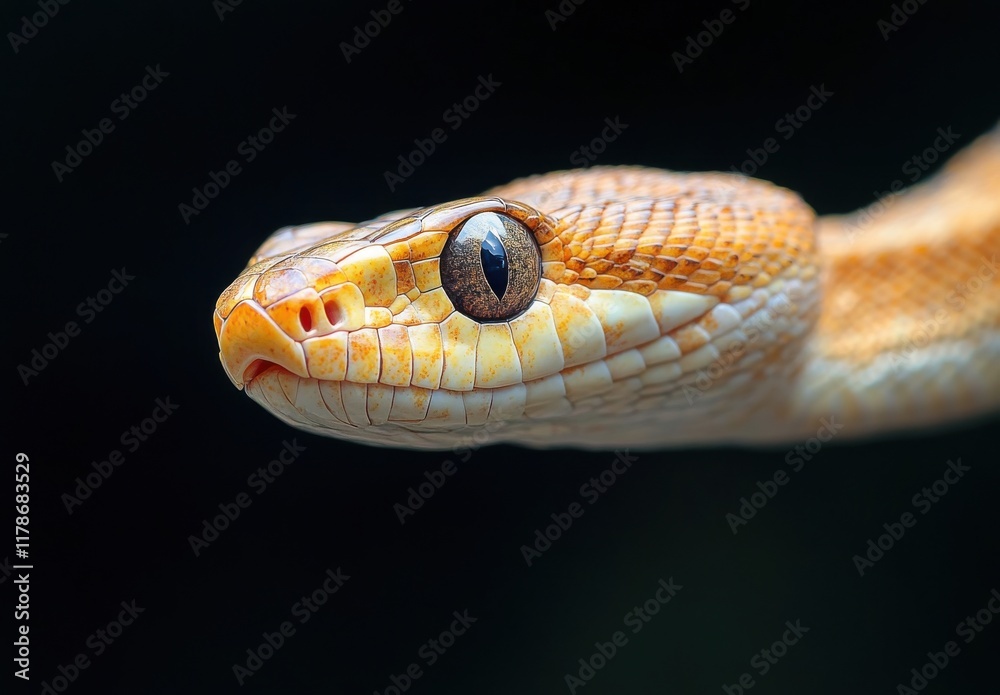 Obraz premium Close-up of a Stunning Orange Snake Displaying Intricate Scales and Captivating Eyes Against a Dark Background in Nature's Lively Display
