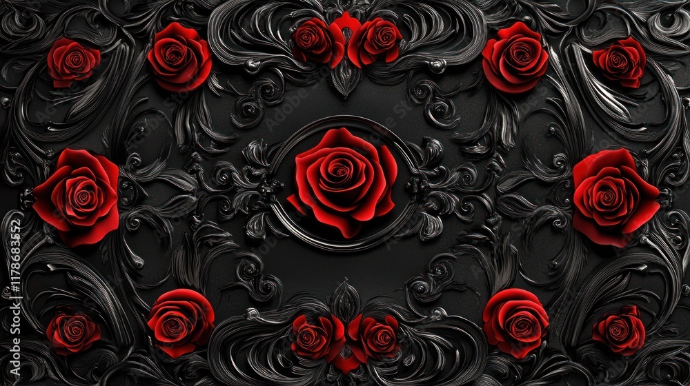 Red roses on dark ornate baroque background. Red roses on dark ornate baroque background.