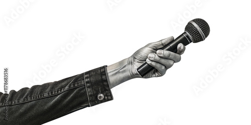 Retro Contemporary art collage featuring a hand with microphone. PNG