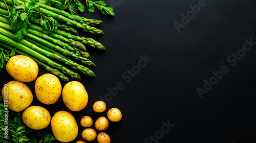 Soft boiled potatoes with steamed asparagus, clean and filling vegetarianfriendly plate photo