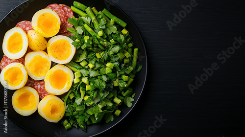 Soft boiled potatoes with steamed asparagus, clean and filling vegetarianfriendly plate photo