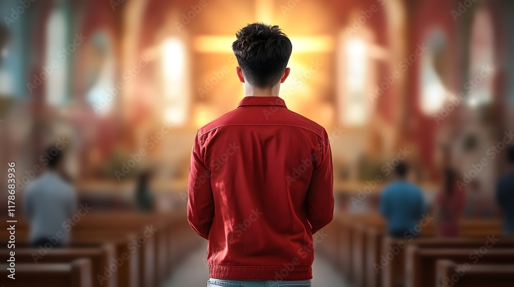 Fototapeta premium Solitary Christian figure standing in tranquil church sanctuary with ornate architecture stained glass and other religious elements creating a spiritual