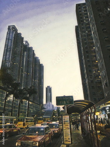 A colored pencil illustration featuring a sky view between high rise apartment buildings.