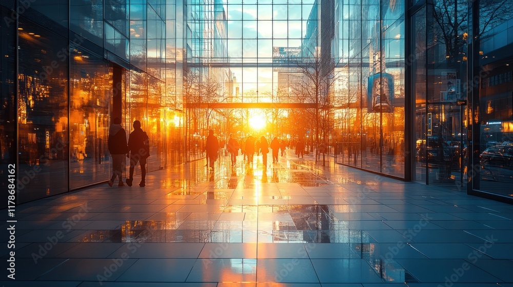 Obraz premium A vibrant sunset reflects through glass architecture, with silhouettes of people walking.