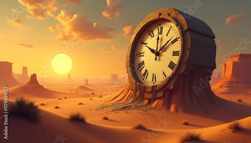 Sunset in Desert Landscape with Giant Stone Clock Time Concept Art