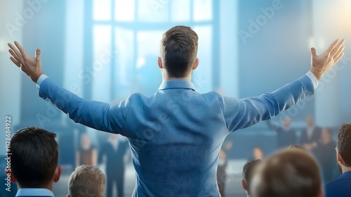 Businessman standing in a church with arms raised in a prayer or worshiping pose depicting the concept of faith spirituality and finding divine guidance in a professional setting photo