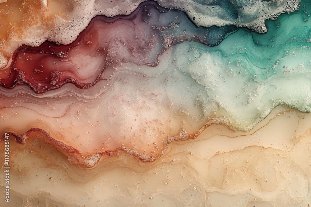Obraz premium Abstract background featuring soft, flowing layers of earthy tones, including beige, brown, teal, and coral, resembling natural mineral textures.