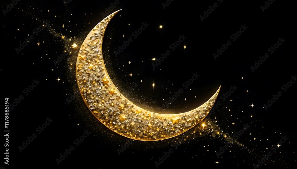 Fototapeta premium Golden Crescent Moon Adorned With Sparkling Stars