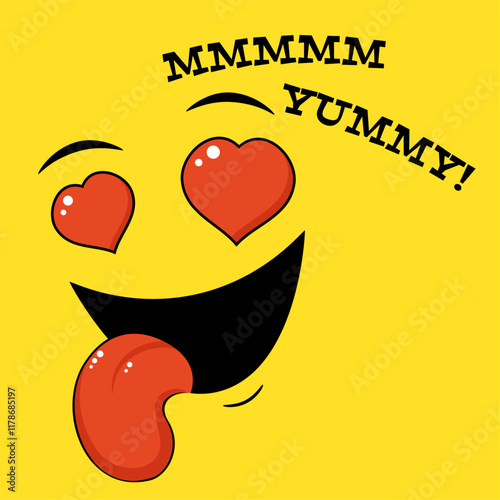 Yummy emoji. Happy emoticon on yellow background. Inscription Yummy. Tasty food, gourmet enjoying taste, cook icon. Can be used with t-shirt, stickers, card design. Vector illustration EPS8