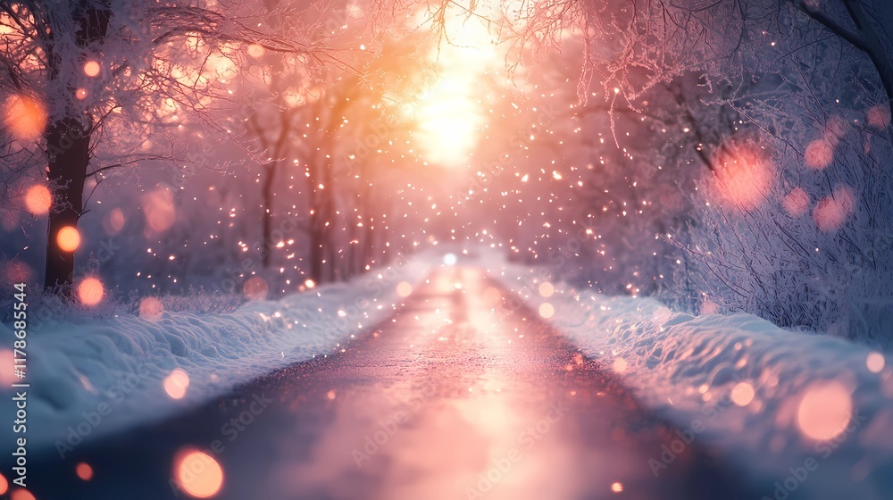 Obraz premium Blurred light clusters softly illuminating a snow-covered forest road surrounded by frost-laden branches offering a serene seasonal setting
