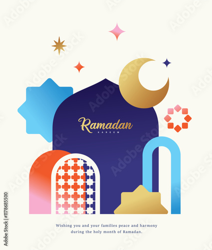 Ramadan Kareem banner, poster, greeting card, cover design with mosque, crescent moon, stars and typography in flat geometric style.