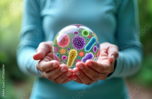 Person holds crystal ball. Ball shows diverse colorful bacteria. Bacteria symbolize gut microbiome. Focuses on symbiotic relationship. Image highlights digestive health importance. Shows healthy gut