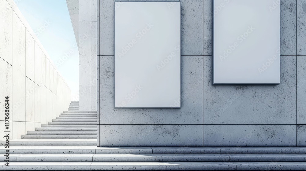 Modern architecture featuring empty frames on a clean, minimalist facade with stairs leading to the entrance. Modern architecture featuring empty frames on a clean, minimalist facade with stairs leading to the entrance.