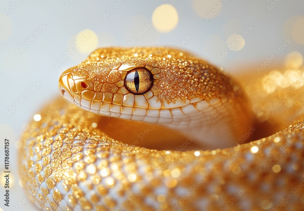 Fototapeta premium Close-Up of an Enigmatic Golden Snake With Sparkling Texture and Captivating Eye Against a Dreamy Soft Focus Background of Glittering Lights